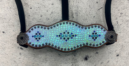 Bronc Halter for Horses, Decorated with holographic snake print with sun brust studs and turquoise royal ribits.
