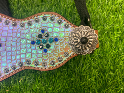 Bronc Halter for Horses, Decorated with holographic snake print with sun brust studs and turquoise royal ribits.