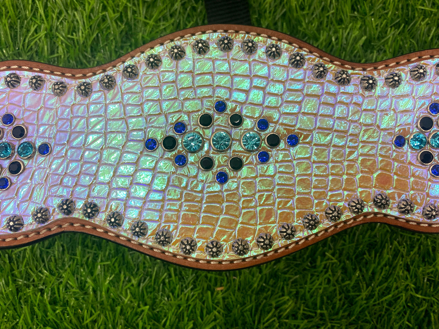 Bronc Halter for Horses, Decorated with holographic snake print with sun brust studs and turquoise royal ribits.