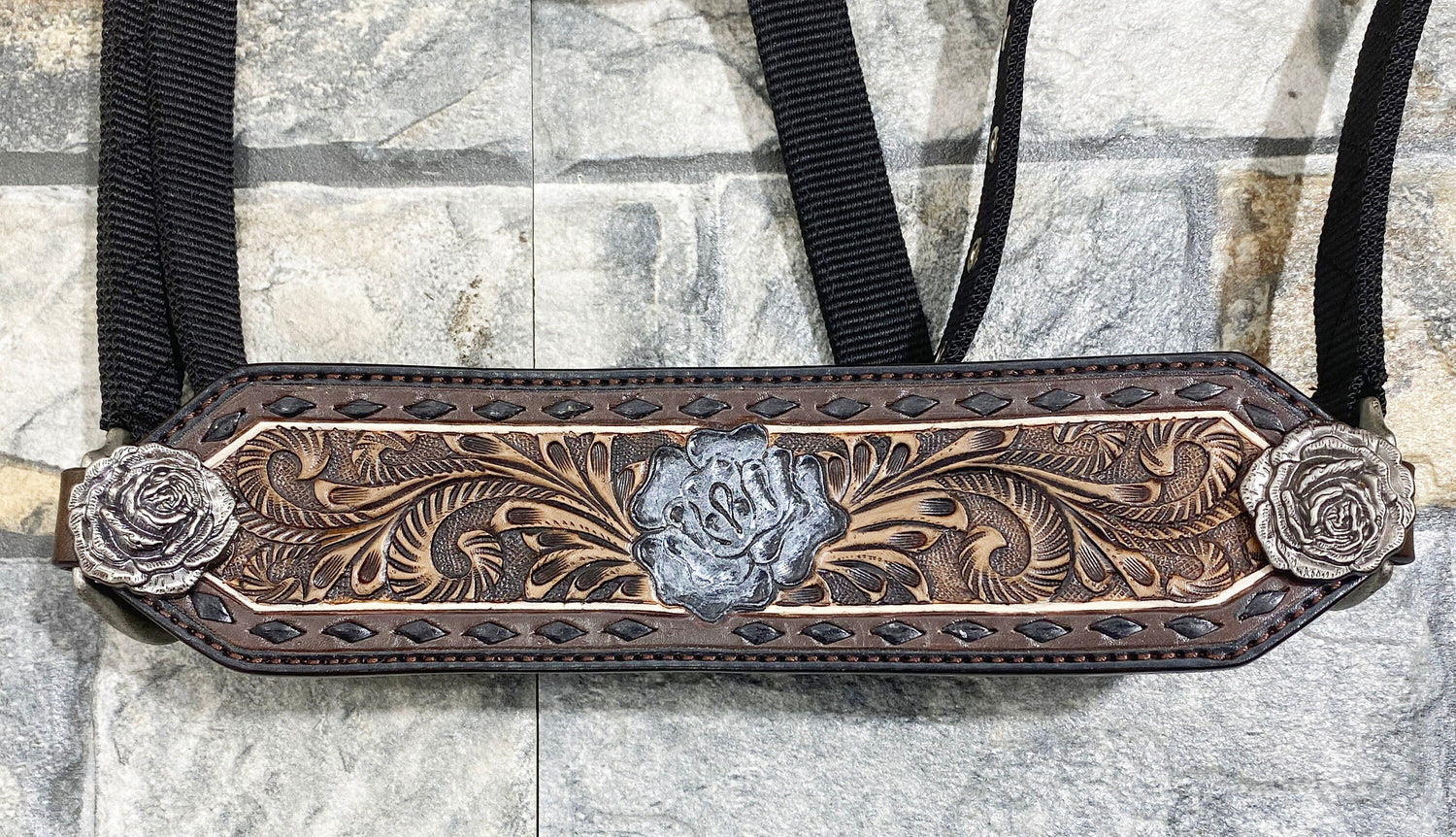 Bronc Halter for Horses, Decorated with black raw hide brading and rose carving with rose carved conchos