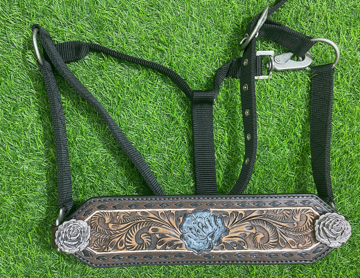 Bronc Halter for Horses, Decorated with black raw hide brading and rose carving with rose carved conchos