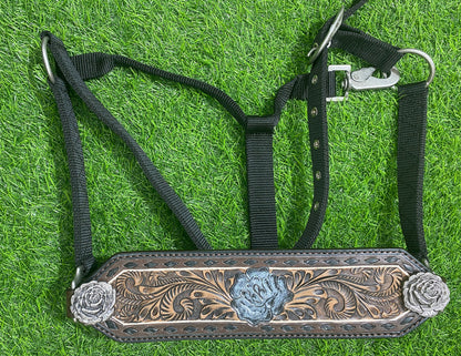 Bronc Halter for Horses, Decorated with black raw hide brading and rose carving with rose carved conchos