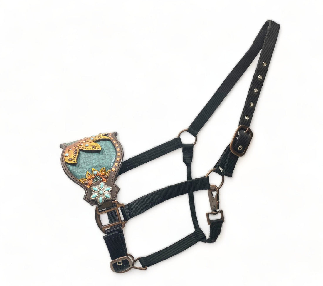 MOUSM Western Bronc Halter – Argentina Cow Leather Halter for Horse Decorated with Sunflower Carving and Turquoise Alligator Skin-Pattern Inlay, Copper Buck Stitching &amp; Turquoise Flower Conchos