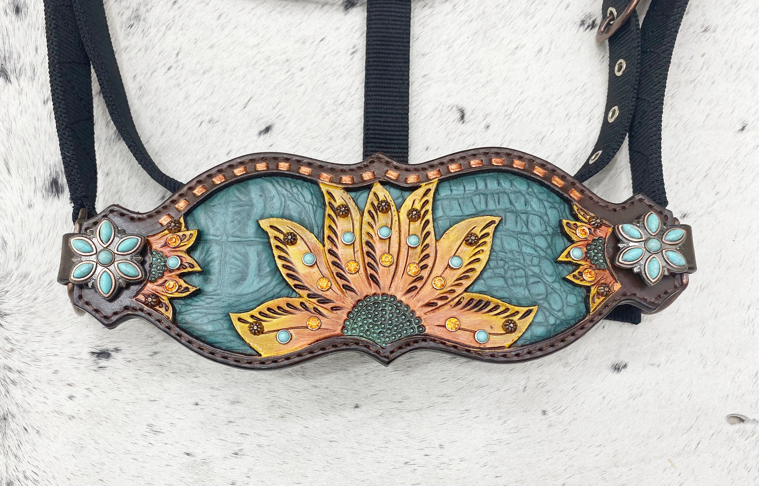 Genuine Argentina Cow leather Bronc Halter for Horses, Decorated with sun flower carving copper raw hide bread with turquoish flower concho