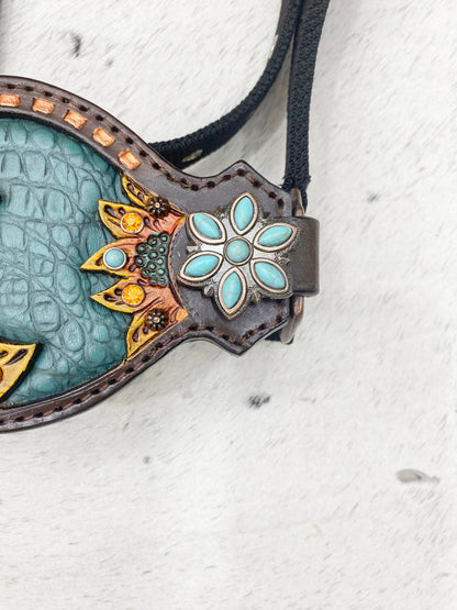 Genuine Argentina Cow leather Bronc Halter for Horses, Decorated with sun flower carving copper raw hide bread with turquoish flower concho