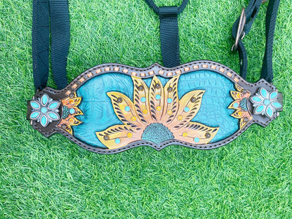 Genuine Argentina Cow leather Bronc Halter for Horses, Decorated with sun flower carving copper raw hide bread with turquoish flower concho