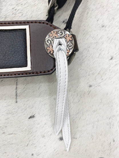 Genuine Argentina Cow leather Bronc Halter for Horses, Decorated with flower slot concho and white raw hide brading with flower carving