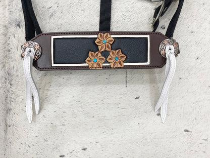 Genuine Argentina Cow leather Bronc Halter for Horses, Decorated with flower slot concho and white raw hide brading with flower carving