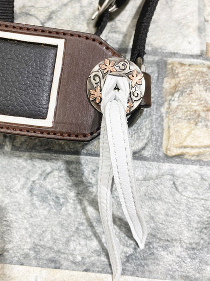 Genuine Argentina Cow leather Bronc Halter for Horses, Decorated with flower slot concho and white raw hide brading with flower carving