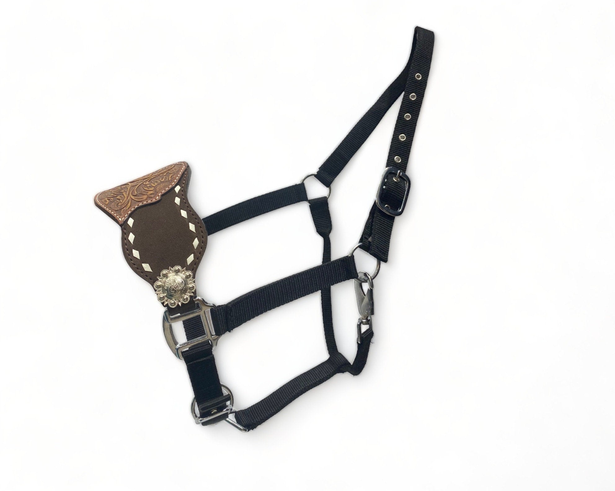 Genuine Argentina Cow leather Bronc Halter for Horses, Decorated with nickle congress concho and white raw hide brading with flower carving