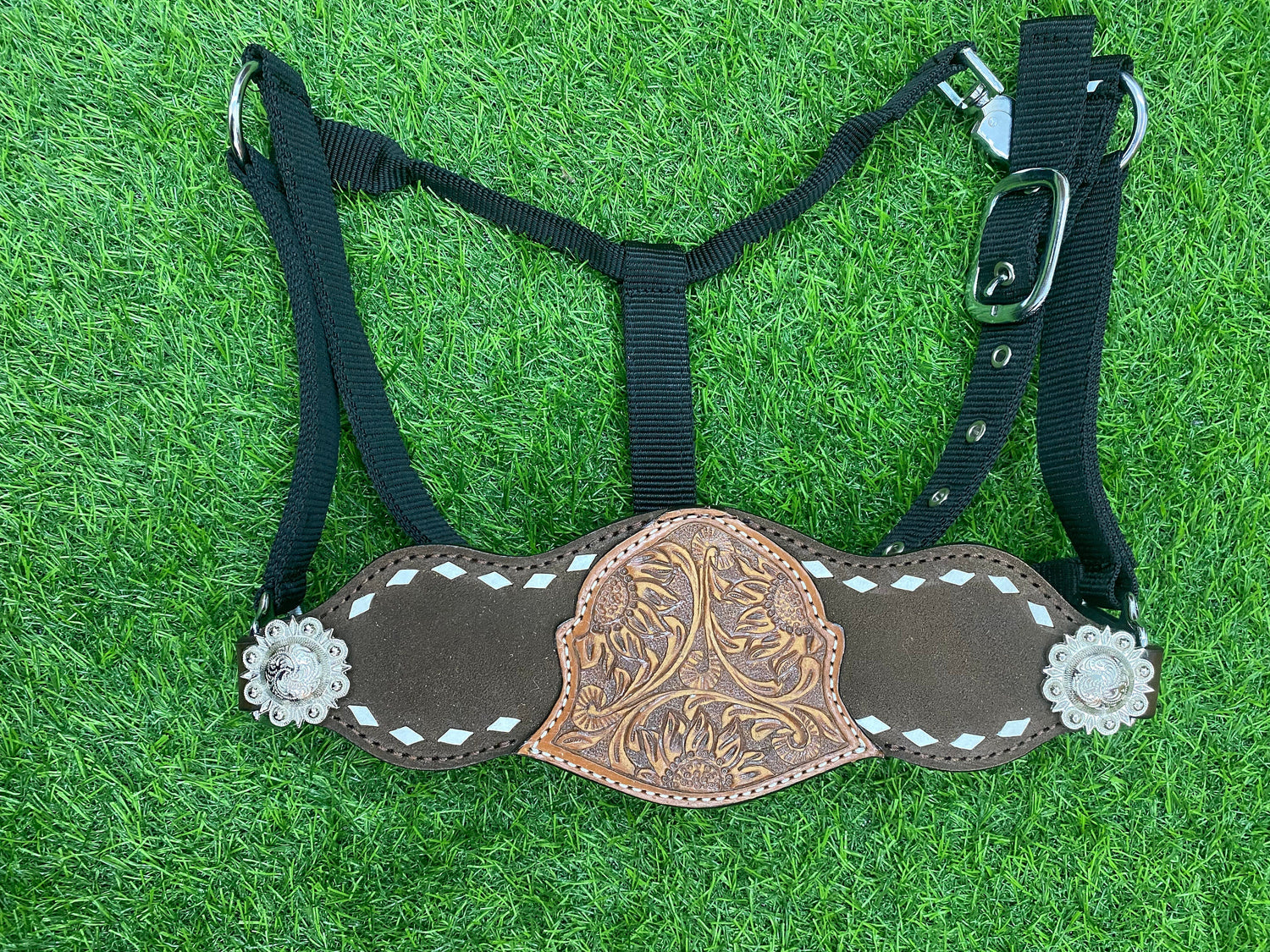Genuine Argentina Cow leather Bronc Halter for Horses, Decorated with nickle congress concho and white raw hide brading with flower carving