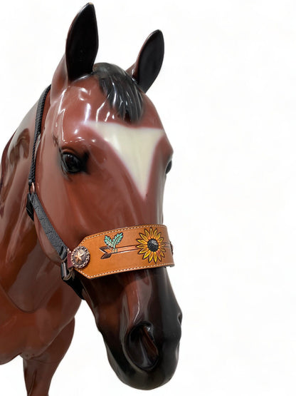 Genuine Argentina Cow leather Bronc Halter for Horses, Decorated with star concho with arrow and sun flower carving