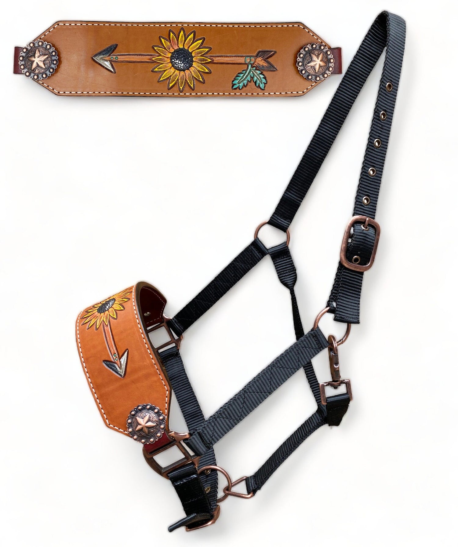 Genuine Argentina Cow leather Bronc Halter for Horses, Decorated with star concho with arrow and sun flower carving