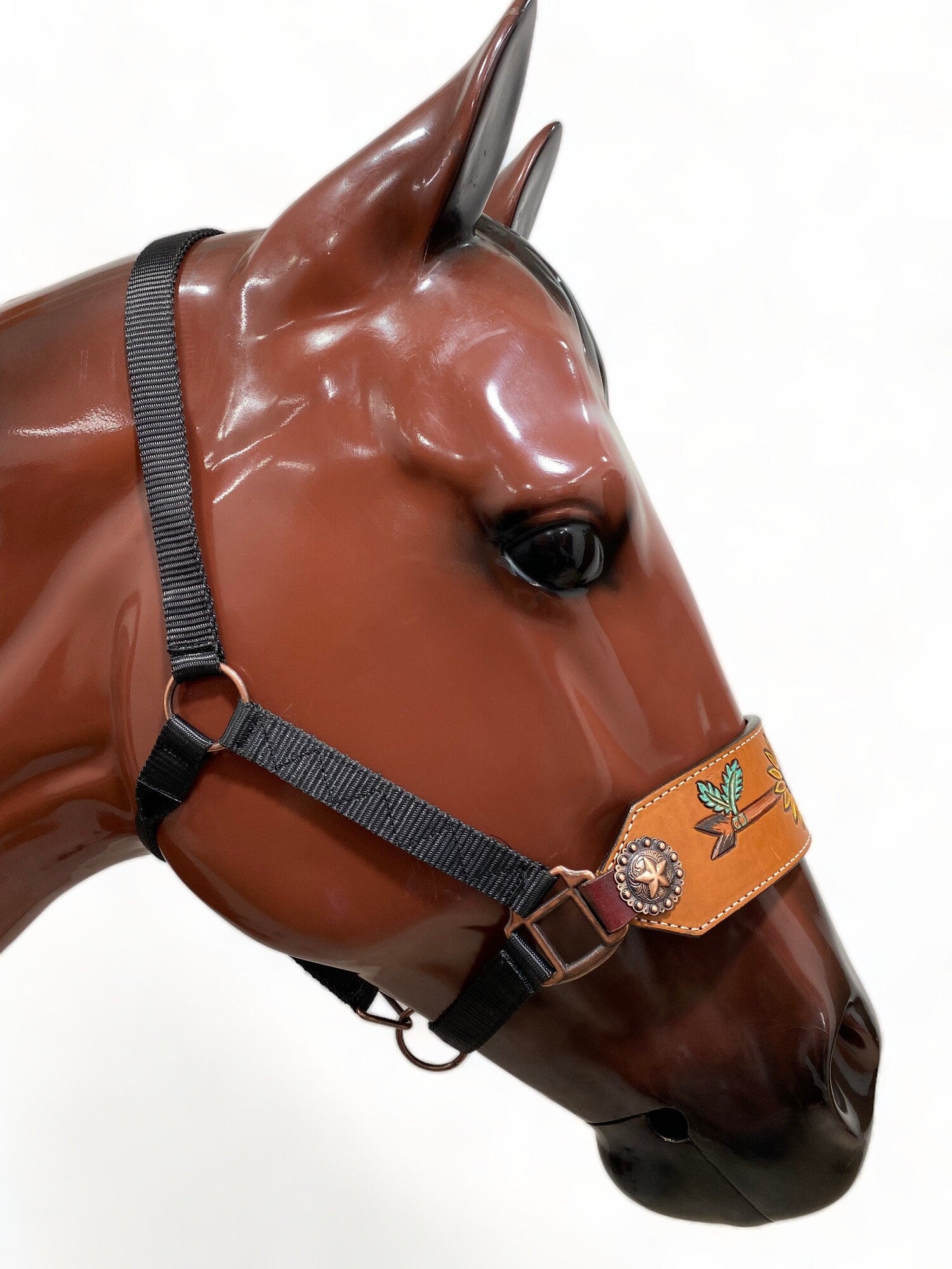 Genuine Argentina Cow leather Bronc Halter for Horses, Decorated with star concho with arrow and sun flower carving