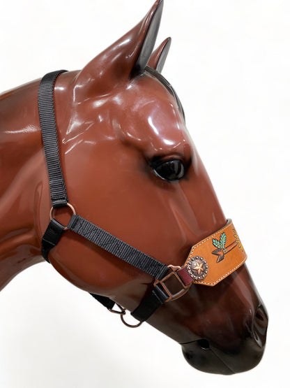 Genuine Argentina Cow leather Bronc Halter for Horses, Decorated with star concho with arrow and sun flower carving