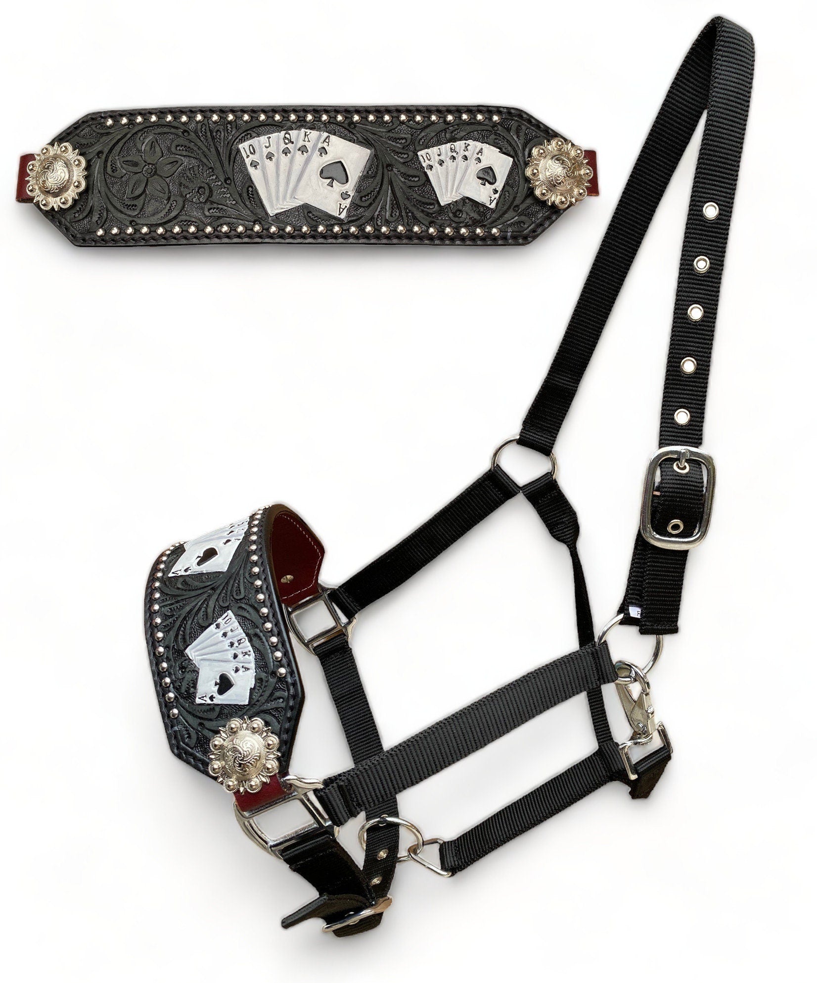 Genuine Argentina Cow leather Bronc Halter for Horses, Decorated with flower carving siliver studs playing card painting