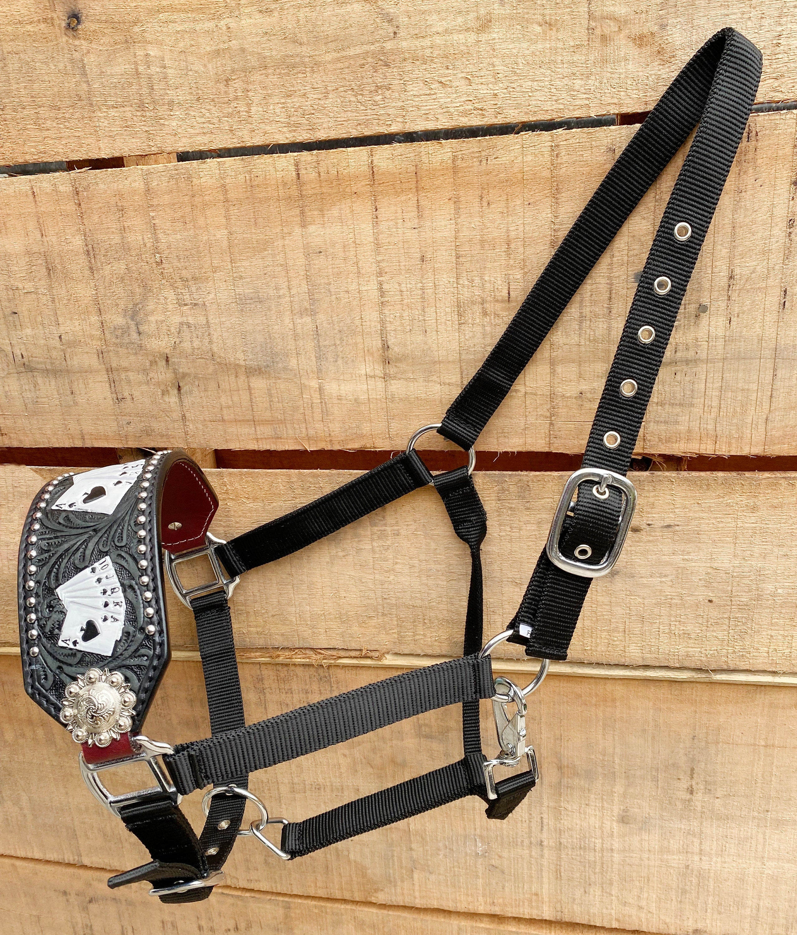 Genuine Argentina Cow leather Bronc Halter for Horses, Decorated with flower carving siliver studs playing card painting