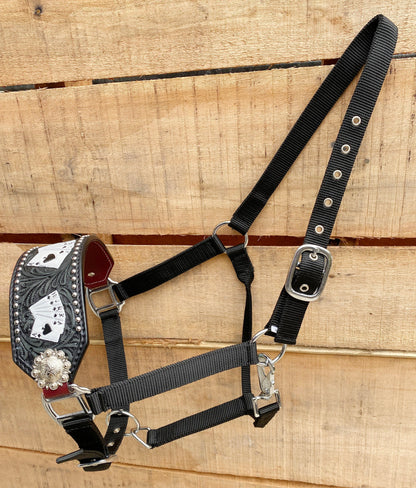Genuine Argentina Cow leather Bronc Halter for Horses, Decorated with flower carving siliver studs playing card painting