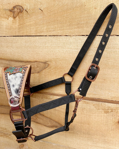 Genuine Argentina Cow leather Bronc Halter for Horses, Decorated with horse shoe concho with flower carving and horse shoe painting