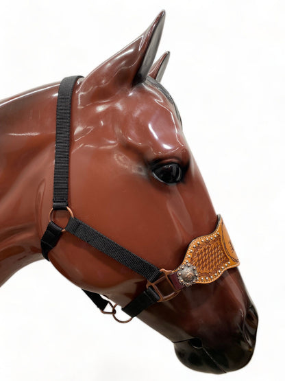 Genuine Argentina Cow leather Bronc Halter for Horses, Decorated with basket tooling with BOB wire engraving with barrel horse