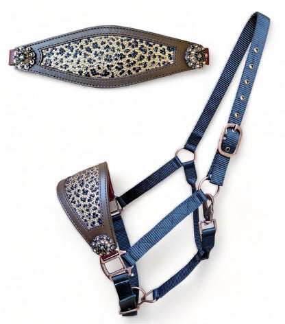 Genuine Argentina Cow leather Bronc Halter for Horses, Decorated with leopard print covered with rhine stones