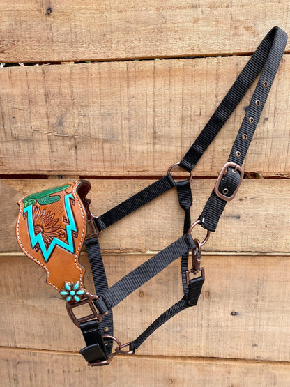Genuine Argentina Cow leather Bronc Halter for Horses, Decorated with Turquoise Flower Concho with Cactus and Sunflower Carving
