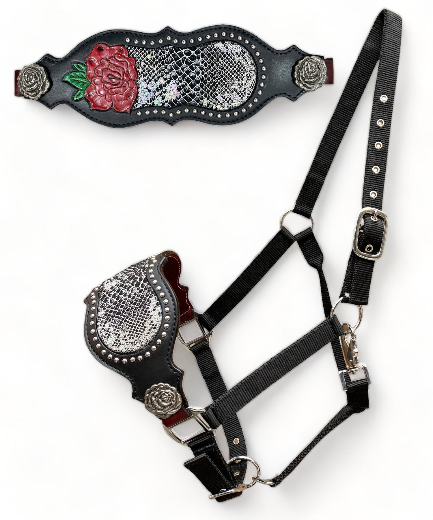 Argentina Cow leather Bronc Halter for Horses, Decorated with rose concho rose carving with holographic snake print with silver studs