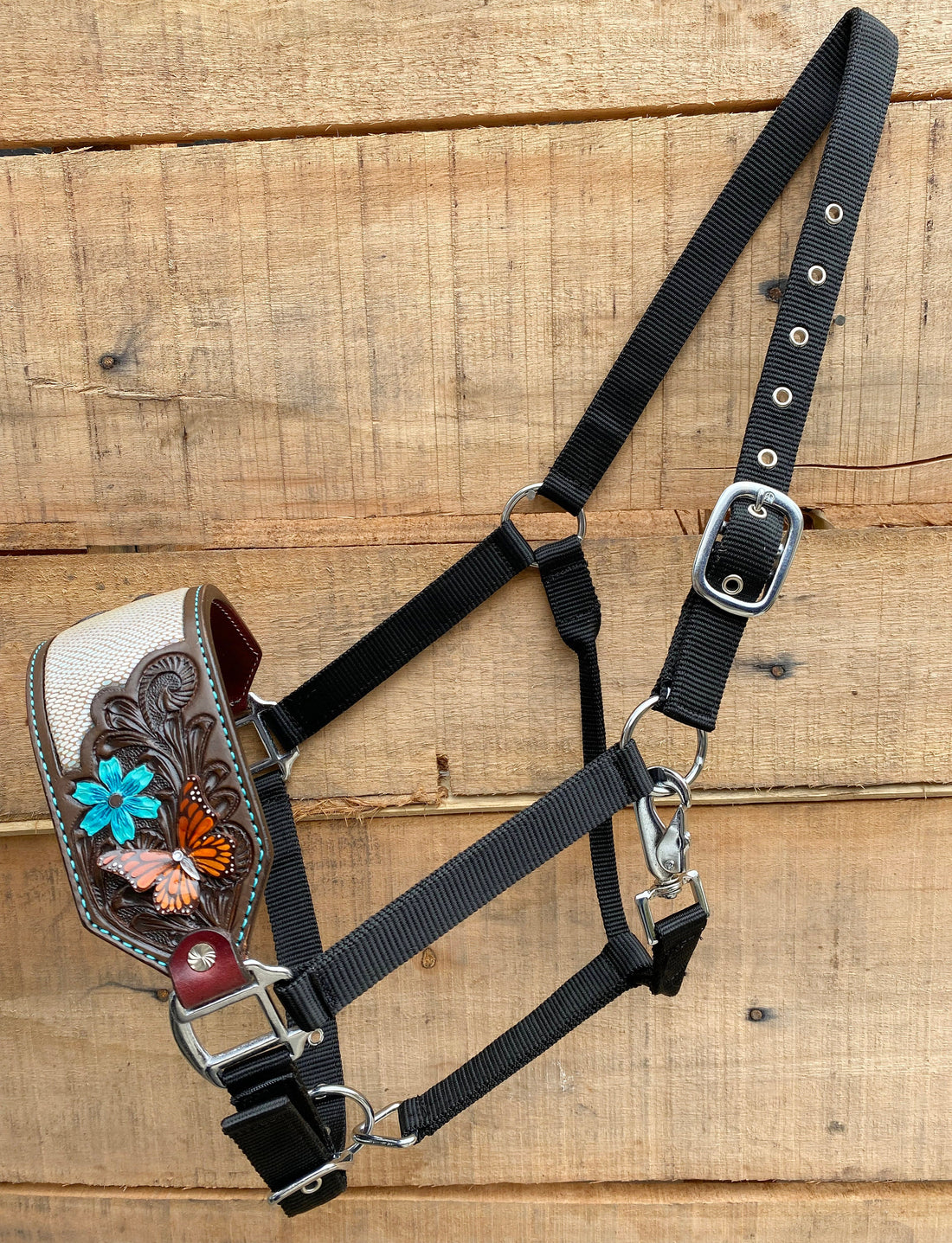 MOUSM Argentina Cow Leather Bronc Halter - Western Horse Halter Decorated with Hand-Carved Floral Design with 3D Butterfly and Holographic Snake Print Leather