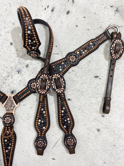 MOUSM Western Headstall &amp; Breast Collar Set for Horse – Made from Argentina Cow Leather, Western Bridle set with Black AB Rhinestones, Copper Studs &amp; Two-Tone Nickel-Copper Hardware