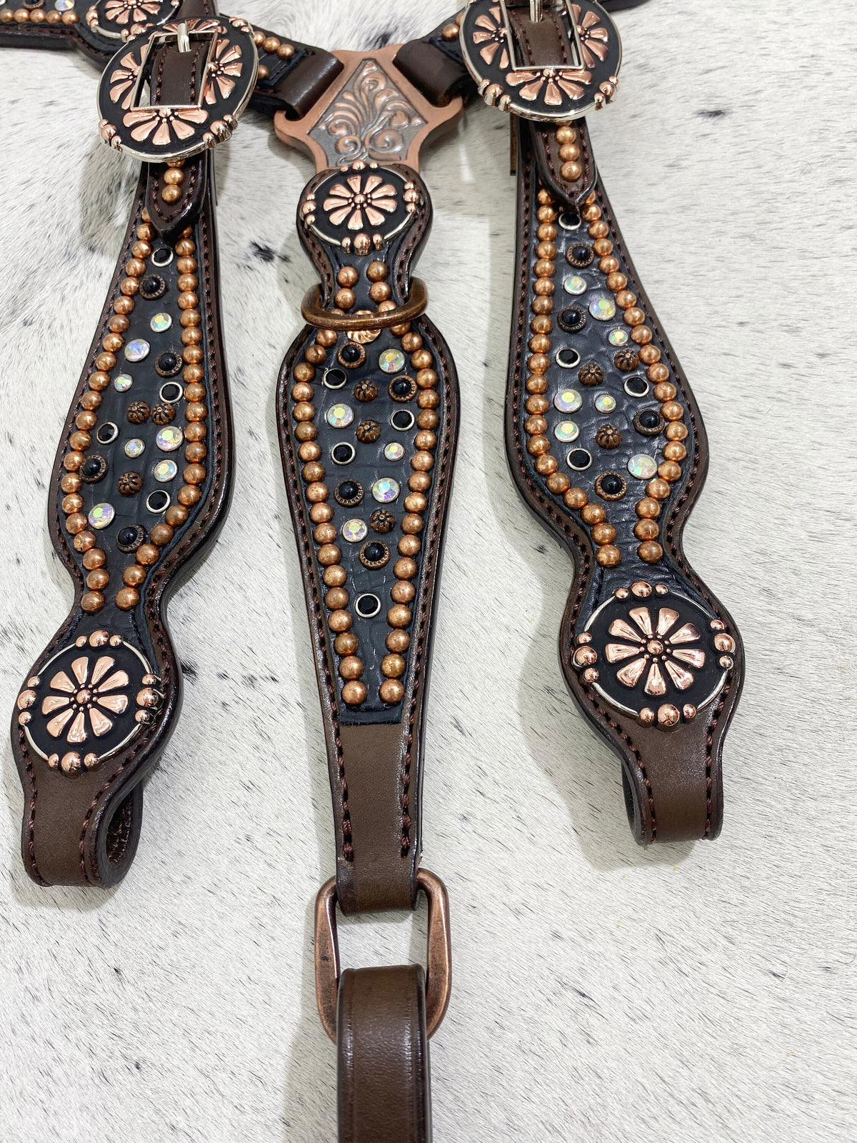 Black AB Rhinestones Headstall &amp; Breast Collar Set, Copper Studs
