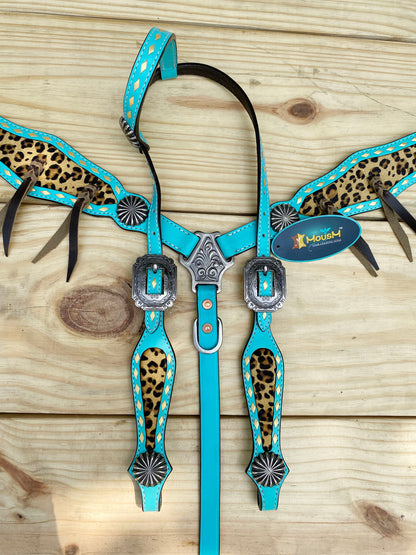 MOUSM Western Leather Headstall &amp; Breast Collar Set – Western headstall tack Hand-Tooled Flower Carving and Nickel Studs with Concho &amp; Rawhide Braiding