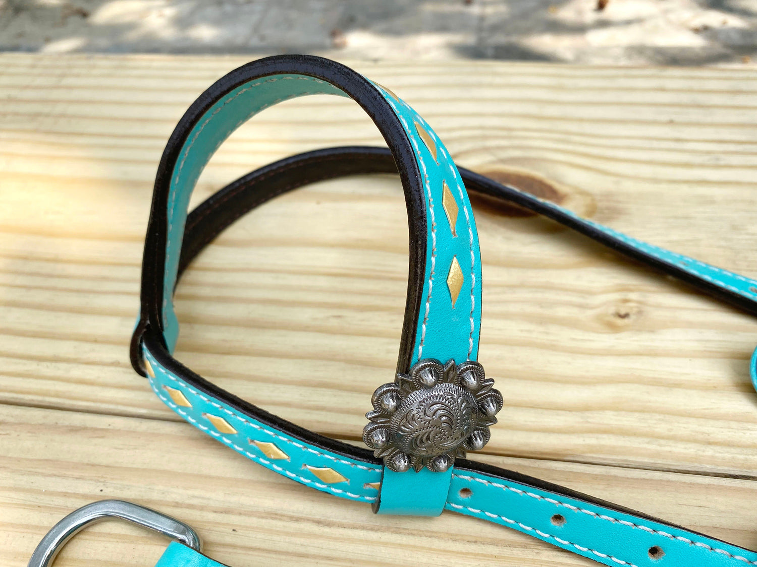 Western Leather Headstall and Breast Collar tack Set for the horse, turquoise headstall with leopard patches inlay brown fringe both sides
