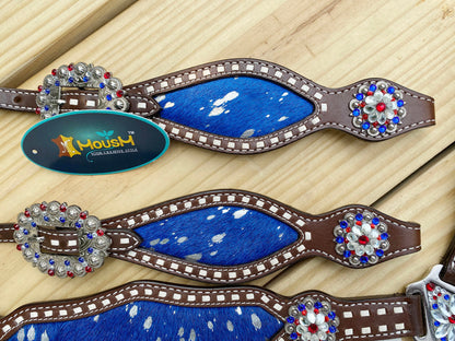 MOUSM 4th July Western Leather Headstall &amp; Breast Collar Set – Independence Western Headstall Tack Decorated Patriotic USA Flag Fringe Design