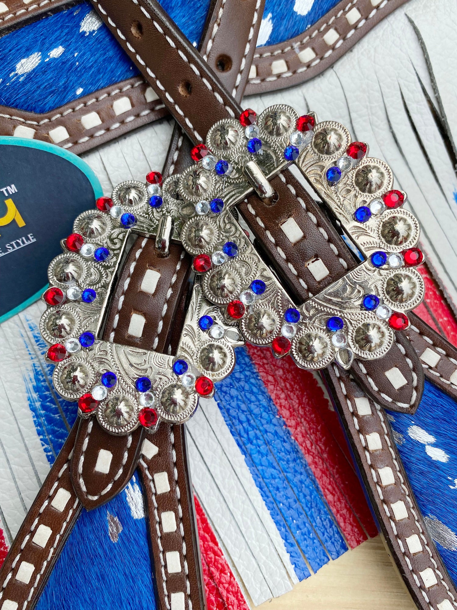 MOUSM 4th July Western Leather Headstall &amp; Breast Collar Set – Independence Western Headstall Tack Decorated Patriotic USA Flag Fringe Design