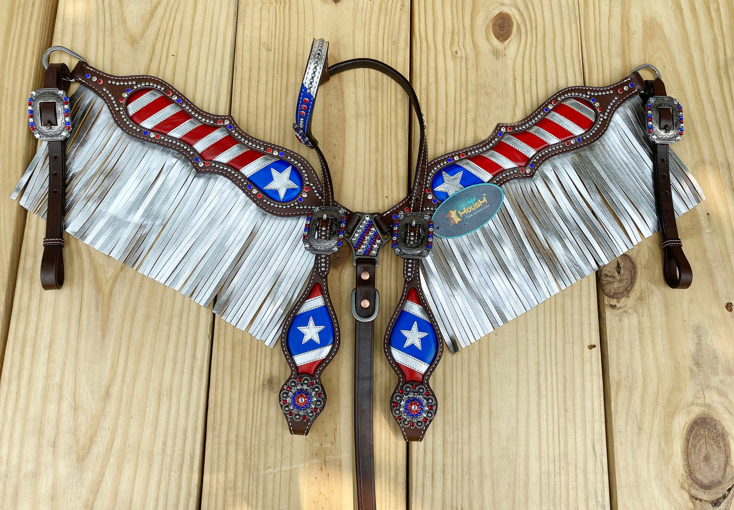 MOUSM 4th of July Western Headstall &amp; Breast Collar Set – Independence Western Headstall Tack Patriotic USA Flag Design with Heroism Star &amp; White Fringe