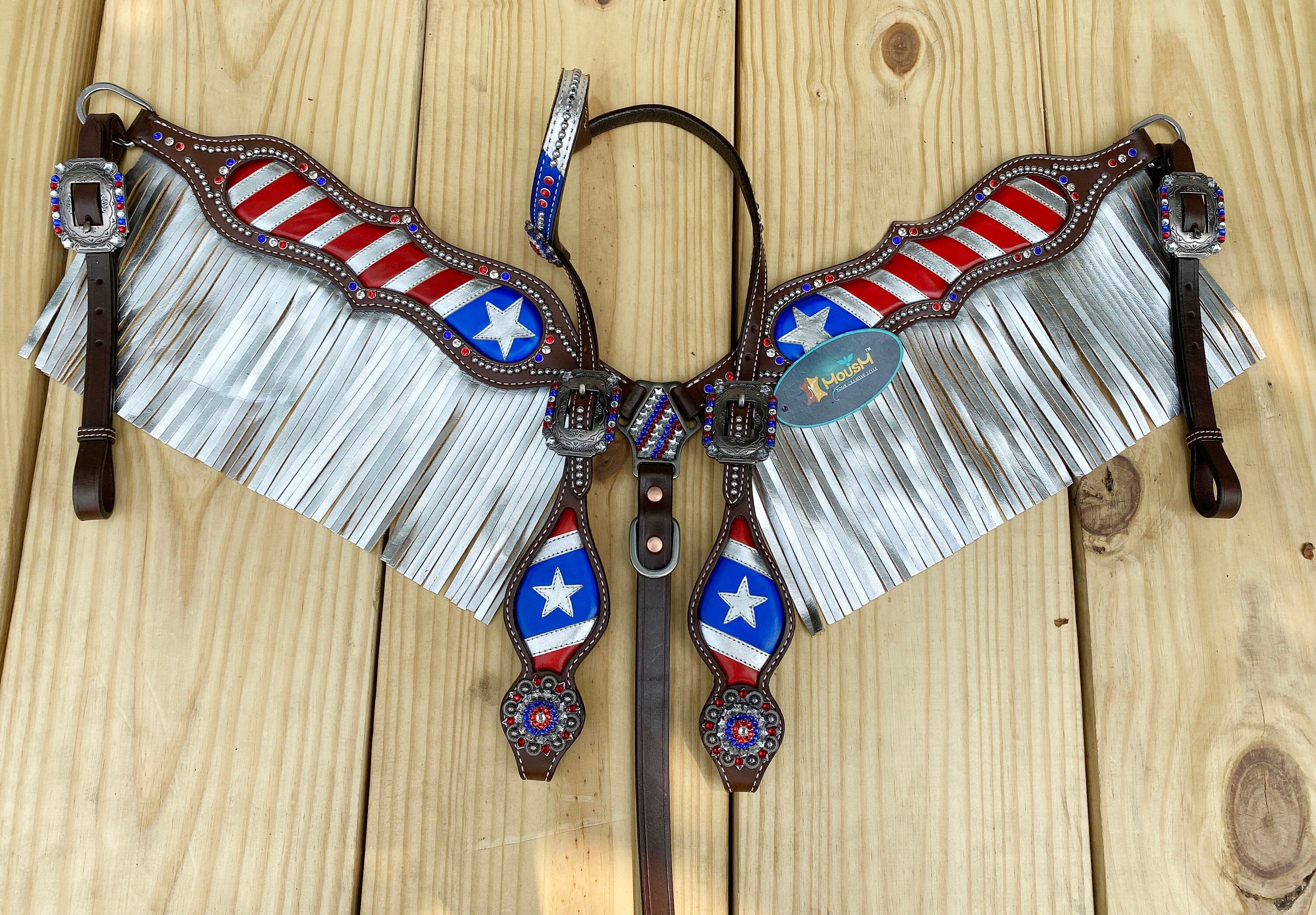 MOUSM 4th of July Western Headstall &amp; Breast Collar Set – Independence Western Headstall Tack Patriotic USA Flag Design with Heroism Star &amp; White Fringe