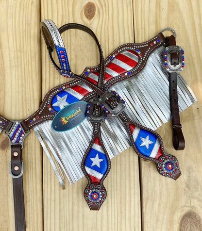 MOUSM 4th of July Western Headstall &amp; Breast Collar Set – Independence Western Headstall Tack Patriotic USA Flag Design with Heroism Star &amp; White Fringe