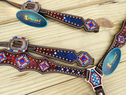 MOUSM 4th of July Western Headstall &amp; Breast Collar Set – Western Headstall Tack Alligator Decorated with Shining Patriotic USA flag Colour Inlay