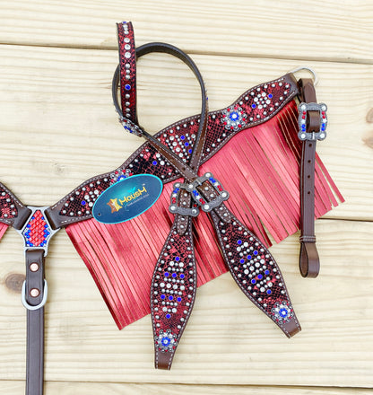 MOUSM 4th July Western Headstall &amp; Breast Collar Set – Made from Genuine Argentina Cow Leather, Independence Day Western Horse Tack Set Patriotic USA Flag Design with Red Fringe and Sparkling Conchos