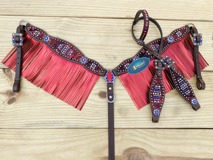 MOUSM 4th July Western Headstall &amp; Breast Collar Set – Made from Genuine Argentina Cow Leather, Independence Day Western Horse Tack Set Patriotic USA Flag Design with Red Fringe and Sparkling Conchos