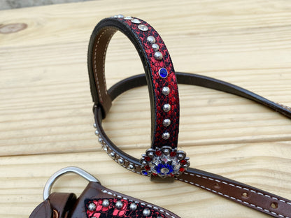 MOUSM 4th July Western Headstall &amp; Breast Collar Set – Made from Genuine Argentina Cow Leather, Independence Day Western Horse Tack Set Patriotic USA Flag Design with Red Fringe and Sparkling Conchos