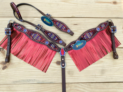 MOUSM 4th July Western Headstall &amp; Breast Collar Set – Made from Genuine Argentina Cow Leather, Independence Day Western Horse Tack Set Patriotic USA Flag Design with Red Fringe and Sparkling Conchos