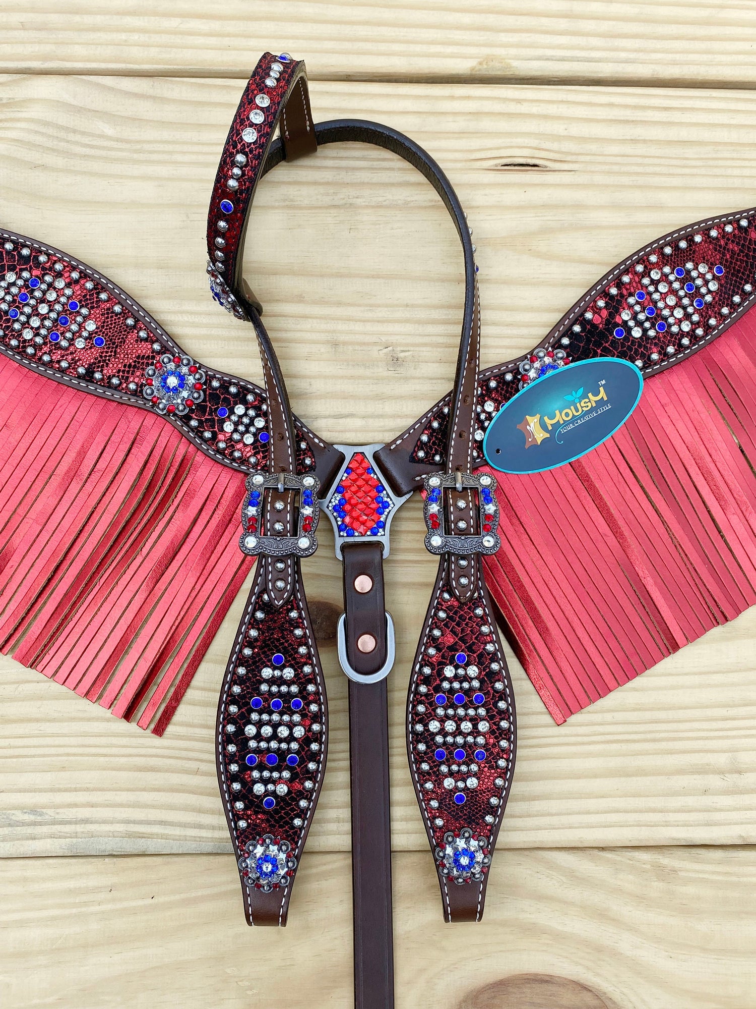 MOUSM 4th July Western Headstall &amp; Breast Collar Set – Made from Genuine Argentina Cow Leather, Independence Day Western Horse Tack Set Patriotic USA Flag Design with Red Fringe and Sparkling Conchos