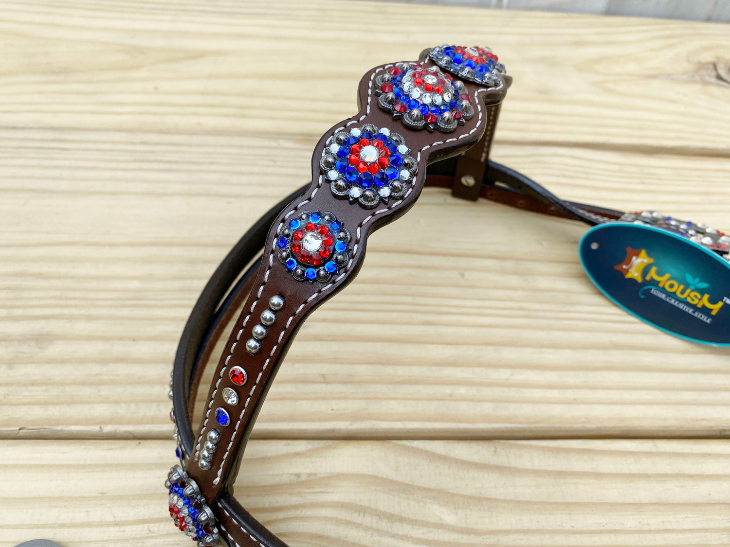 4th July Leather Headstall and Breast Collar Set for the horse, Independence Western headstall tack with Classy look patriotic USA Flag look