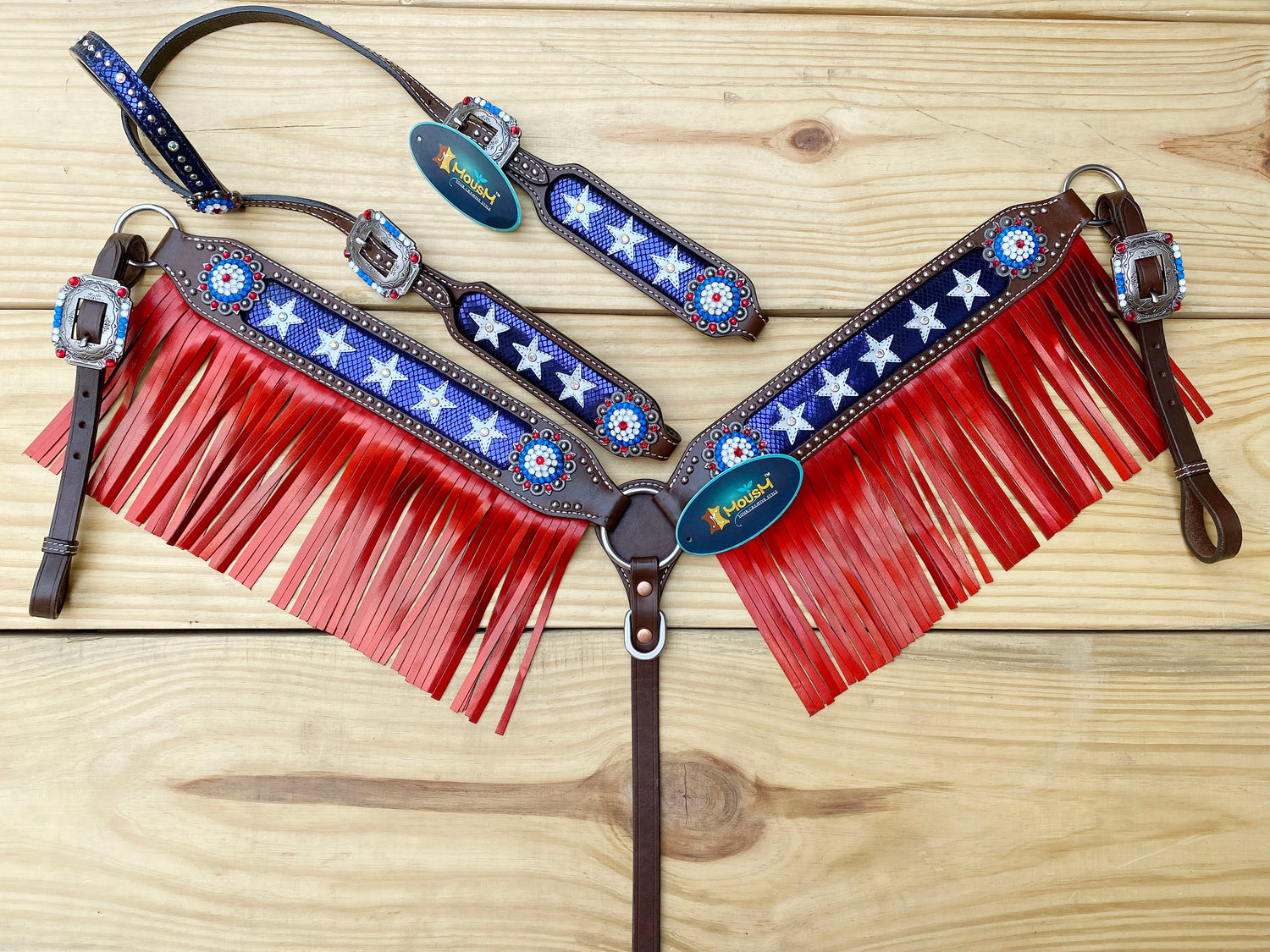 MOUSM 4th of July Western Bridles and Headstalls Set – Western Horse Tack Set Patriotic USA Flag Design with Red Fringe &amp; Star Inlay