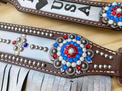 MOUSM 4th of July Western Headstall &amp; Breast Collar Set – Independence Western Headstall Tack I LOVE USA Heart USA Flag Conchos and White Fringe