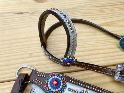 MOUSM 4th of July Western Headstall &amp; Breast Collar Set – Independence Western Headstall Tack I LOVE USA Heart USA Flag Conchos and White Fringe