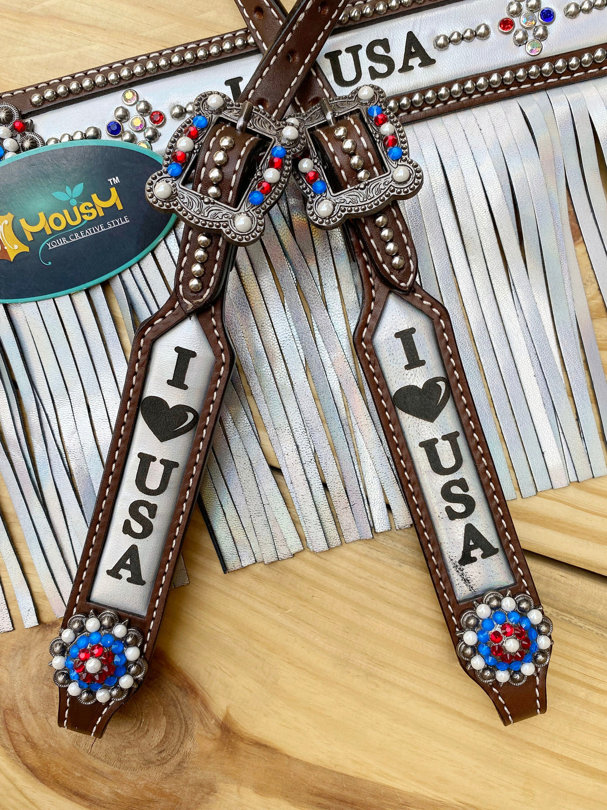 I LOVE USA Heart and White Fringe  Headstall Tack Set