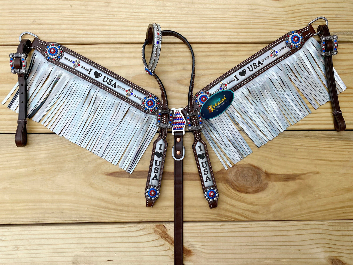 I LOVE USA Heart and White Fringe  Headstall Tack Set