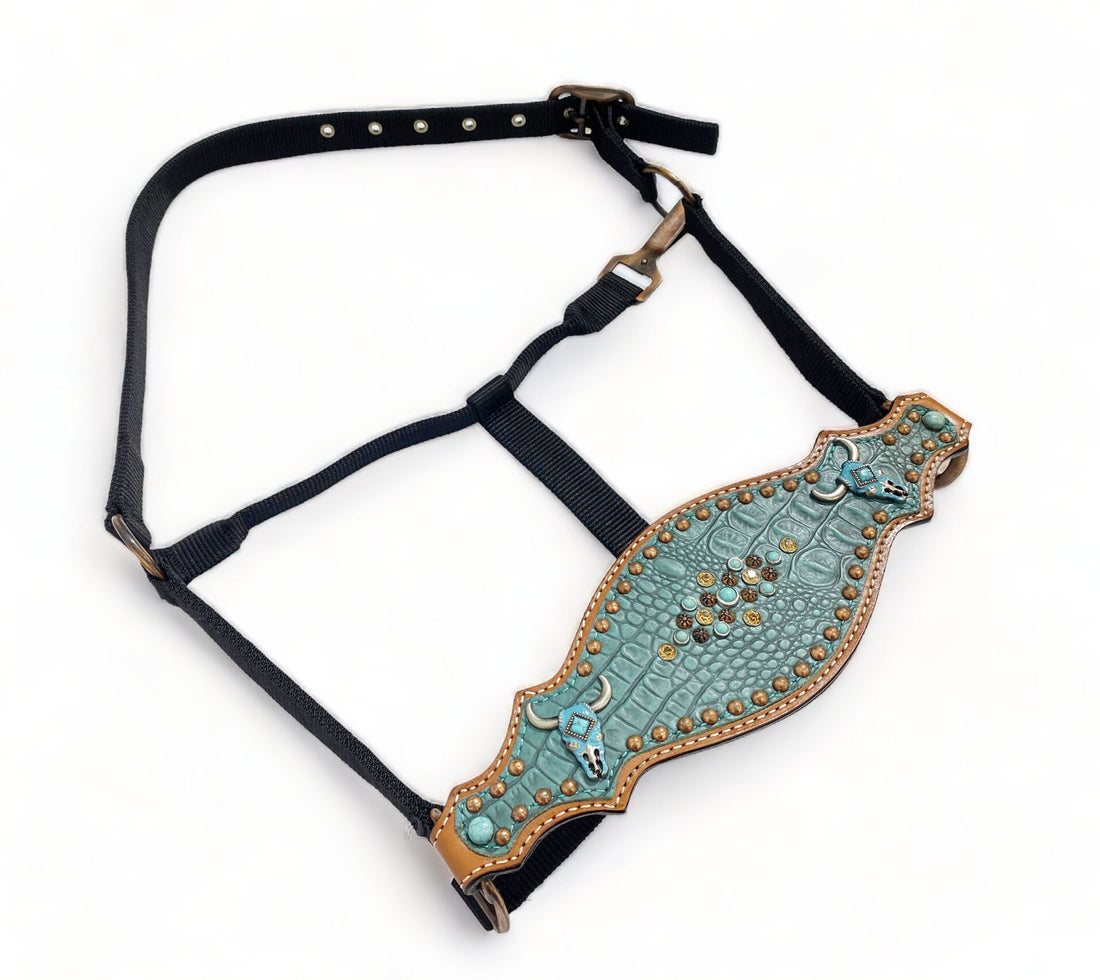 MOUSM Western Bronc Halter - Argentina Cow Leather Halter for Horse Decorated with 3D Bullhead and Copper Studs on Turquoise Alligator-Patterned Leather, Antique Copper Hardware